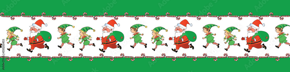 Edging, ribbon, border of Santa Claus and Cute little Christmas Elves. Vector seamless pattern, ornament, decorative element, decoration for New Year, xmas design