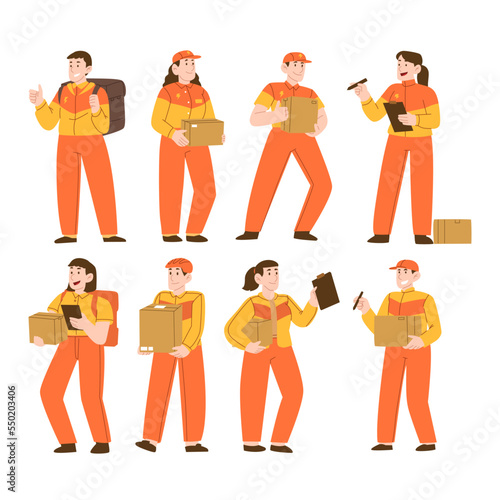 Set of delivery service character pose illustration, driver, courier, loader jobs occupation with cardboard box, online shipping, deliver a parcel to customer © sisapagi