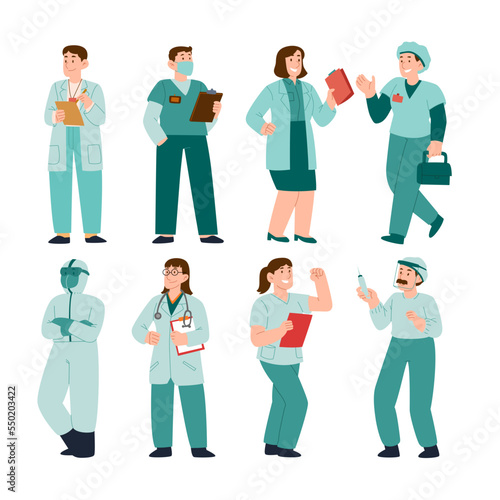 Set of doctor and nurse cartoon characters with various pose. Medical staff team concept in hospital. vector illustration. Standing Doctor and nurse medical characters.