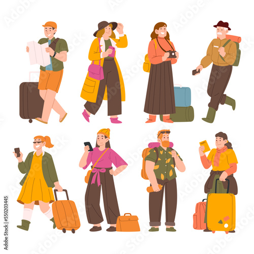 Set of Tourist characters. Young couple family, tourists travelling with backpacks and bags, suitcases. Summer vacation people isolated vector. Illustration of summer tourist character, woman and man 