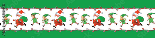 Edging, ribbon, border of Santa Claus and Cute little Christmas Elves. Vector seamless pattern, ornament, decorative element, decoration for New Year, xmas design