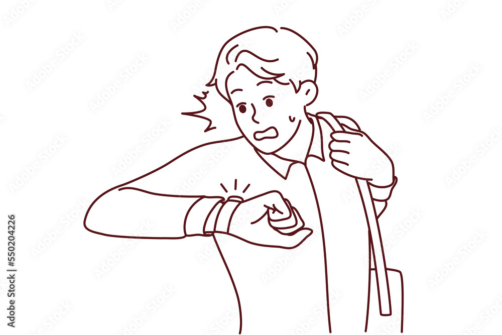 Stressed man look at wristwatch being late for work. Unhappy guy check time worry about missed deadline. Time management. Vector illustration. Stressed man look at wristwatch being late for work. Unhappy guy check time worry about missed deadline. Time management. Vector illustration.