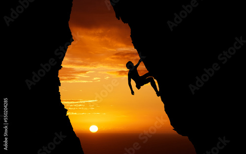 Mountain silhouette, climbing rock and man training for fitness, cardio exercise in morning and freedom on holiday vacation in Switzerland. Dark orange sunset sky during athlete sports workout