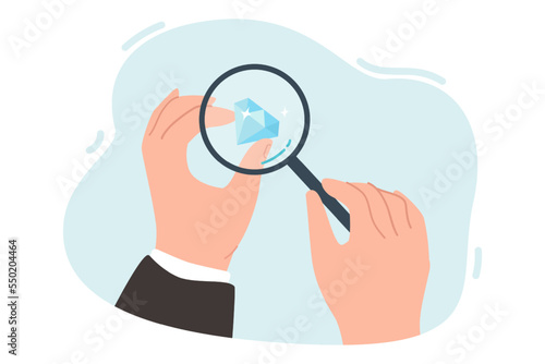Hands of jeweler holding diamond and magnifying glass. Man studying gem under magnifier flat vector illustration. Jewelry, luxury, evaluation concept for banner, website design or landing web page