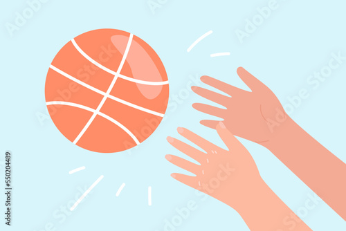 Hands throwing or catching basketball ball on blue background. Person playing team sports game flat vector illustration. Sports, active lifestyle, competition concept for banner or landing web page