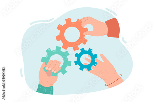 Hands of office workers holding gears. Business persons with mechanism parts flat vector illustration. Teamwork, development, cooperation concept for banner, website design or landing web page