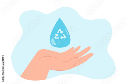 Human hand with droplet of water with recycle symbol. Big drop of clean water flat vector illustration. Ecology, environment, recycling, nature concept for banner, website design or landing web page