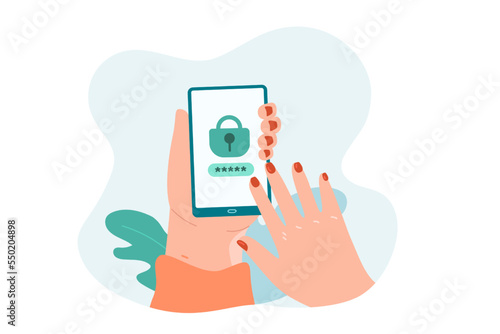 Female hand entering password on smartphone. Hand of person holding phone with lock on screen flat vector illustration. Technology, privacy, protection concept for banner or landing web page
