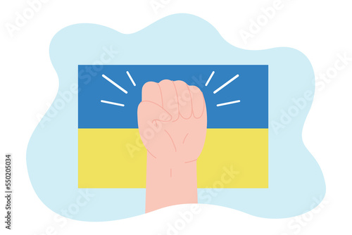 Fist of person in front of Ukrainian flag. Hand of cartoon character clenched in fist flat vector illustration. Freedom, power, war, patriotism concept for banner, website design or landing web page