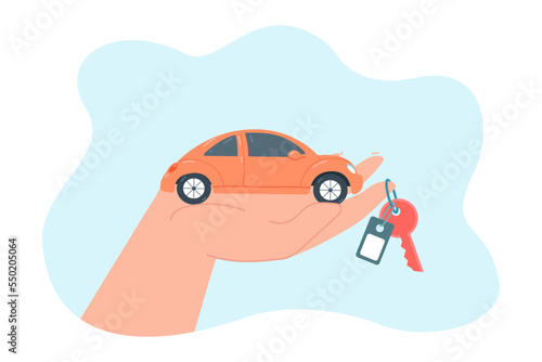 Big human hand holding keys and orange little car. Person buying or selling vehicle or automobile flat vector illustration. Car rent, transport, insurance concept for banner or landing web page