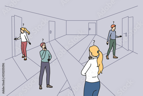 Diverse businesspeople in room open different doors looking for exit. People feel confused searching way out in locked space. Vector illustration.  photo
