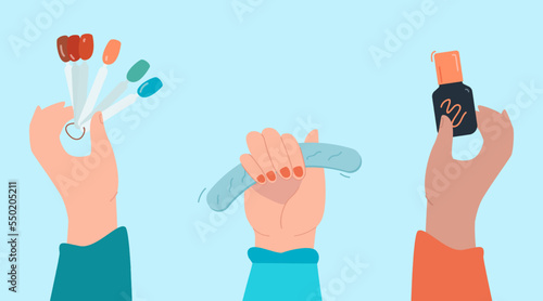 Female hands holding manicure equipment. Manicurists or nail artists with nail file, polish and samples flat vector illustration. Beauty salon concept for banner, website design or landing web page