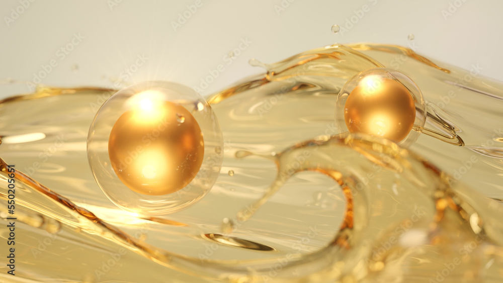 Golden bubble serum on oil splash surface, 3d rendering Golden bubble serum on oil splash surface, 3d rendering