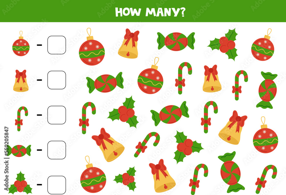 Counting game with cartoon Christmas items. Math worksheet.