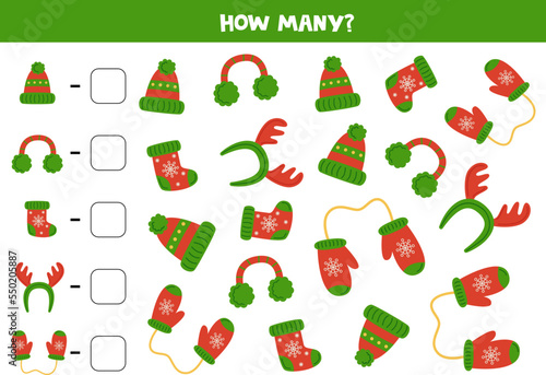 Counting game with cartoon Christmas accessories. Math worksheet.