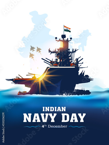 Indian Navy day celebration. India Map with Indian army defence Navy ship with tricolor flag, patriotic background.