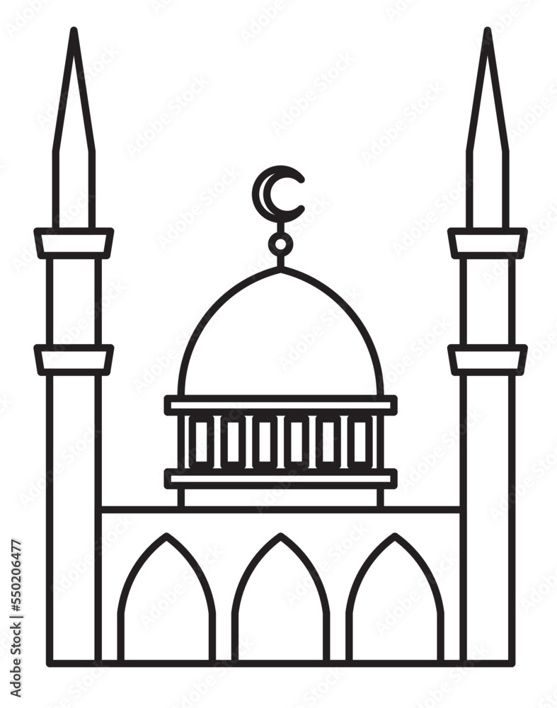 
Mosque icon in 2D design and the drawing is in black and white. Highlighting the concept of architecture with Islamic elements such as arches and domes.
