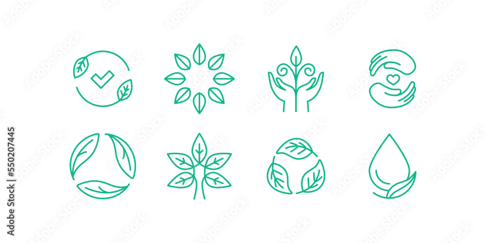 Vector simple line icons and illustration, eco, bio and organic packaging badges, ecological, environment friendly and sustainable development, fresh natural ingredients cosmetics and products