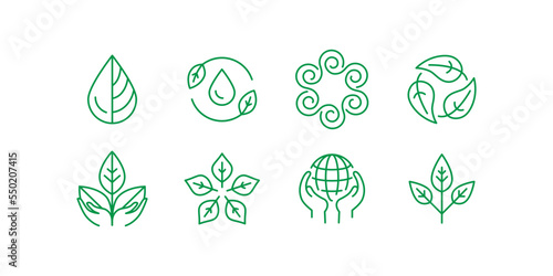 Vector simple line icons and illustration, eco, bio and organic packaging badges, ecological, environment friendly and sustainable development, fresh natural ingredients cosmetics and products