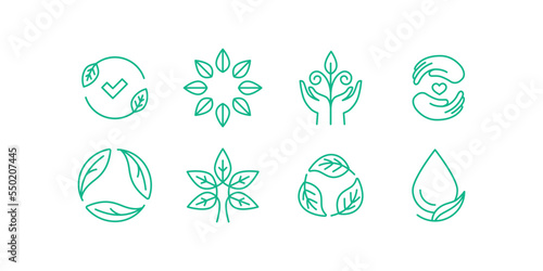 Vector simple line icons and illustration, eco, bio and organic packaging badges, ecological, environment friendly and sustainable development, fresh natural ingredients cosmetics and products