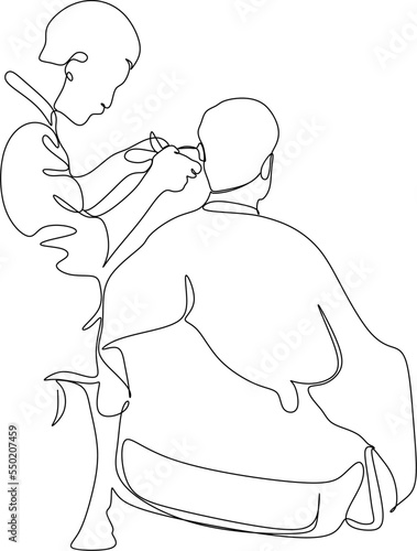 Single continuous line drawing attractive classy dressed barber shop hairdresser is turning client`s head to present his work for him. Hairdo looks trendy and so perfect. Dynamic one line draw graphic