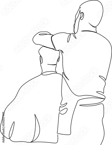 Single continuous line drawing attractive classy dressed barber shop hairdresser is turning client`s head to present his work for him. Hairdo looks trendy and so perfect. Dynamic one line draw graphic