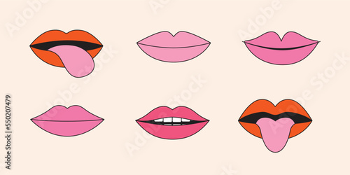 Vector simple line icons and illustrations, lips stickers and badges, outline groovy badges, smiling mouth, pop art design elements