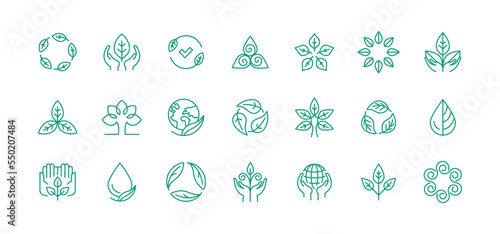 Vector simple line icons and illustration, eco, bio and organic packaging badges, ecological, environment friendly and sustainable development, fresh natural ingredients cosmetics and products