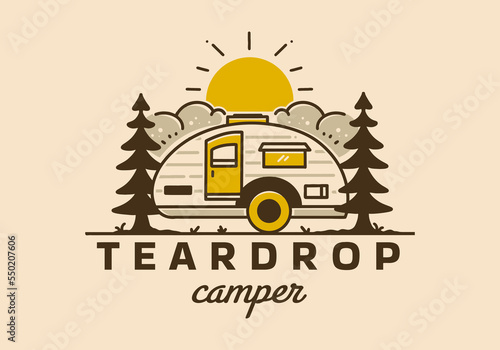 Vintage illustration of teardrop camper among the pines