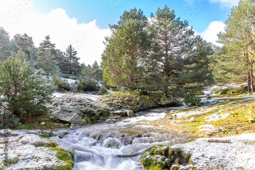 slightly snowy stream in the mountains of the Sierra de Guadarrama in Madrid with the first snow of the year 2022