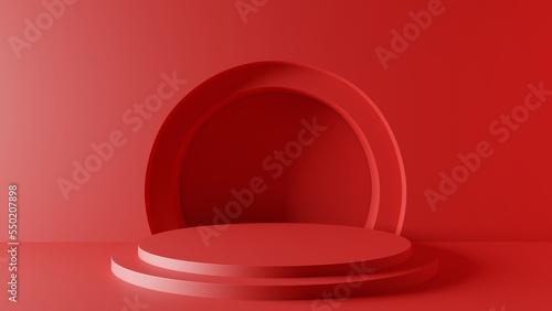 red podium and neon light in the red room.3d rendering. 