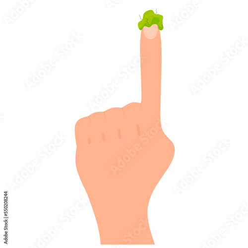 Vector green snot on hand on white background. Snot on finger in cartoon style. Vector illustration