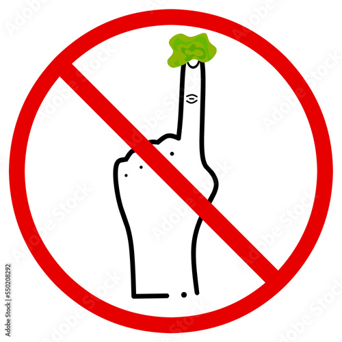 Prohibition of picking your nose in public places. Green snot hand icon with red circle on white background.