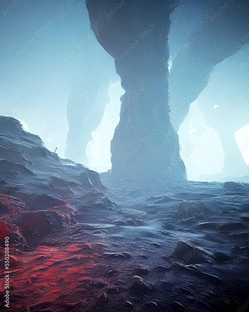 Fototapeta premium Inside a Gigantic Foggy Night Cave - 3D Render Art