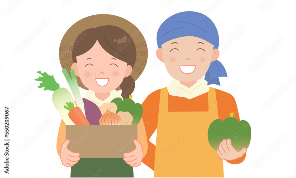 野菜を手に持ち笑顔の農家の夫婦