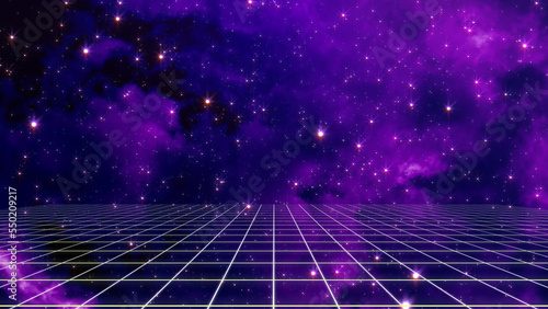 Obraz na płótnie Retro style 80s video game background. Futuristic Grid landscape of the 80s. Digital Cyber Surface. Suitable for design in the style of the 1980s. 3D illustration w salonie
