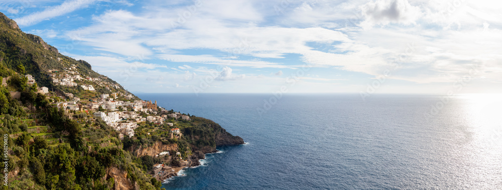 Touristic Town, Vettica Maggiore, on Rocky Cliffs and Mountain Landscape by the Tyrrhenian Sea. Amalfi Coast, Italy. Panorama
