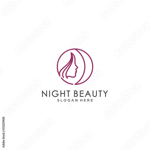 night beauty logo with beautiful face and crescent moon