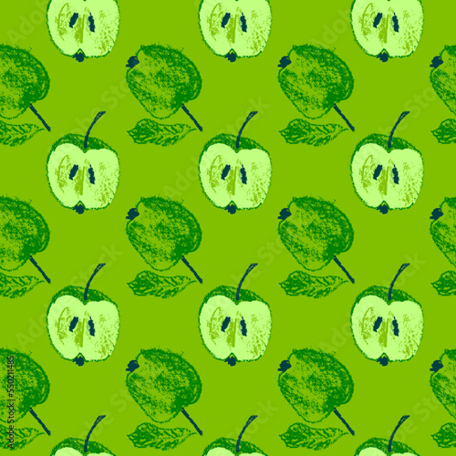 Green apples seamless pattern for fabric design. Fresh apple textile ornament. Fruit background for Vegan banner, label juice. Apple drawings for hand cooking jam packaging. Hand-drawn illustrations.