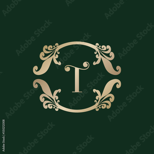 Letter T Alphabet Logo with Luxury Decorative Golden Frame. Elegant Curl Floral Ornament.