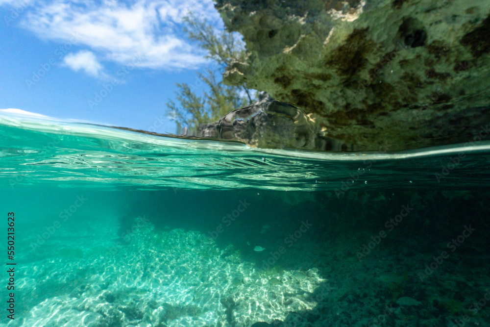Bahamas split shot on waters edge with torquise water