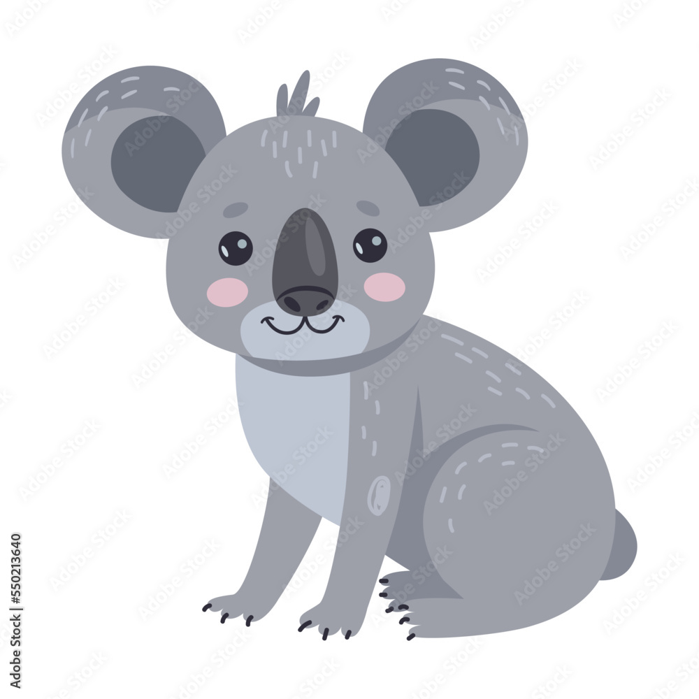 Gray fluffy koala sitting, cartoon illustration. Adorable Australian bear isolated on white Gray fluffy koala sitting, cartoon illustration. Adorable Australian bear isolated on white