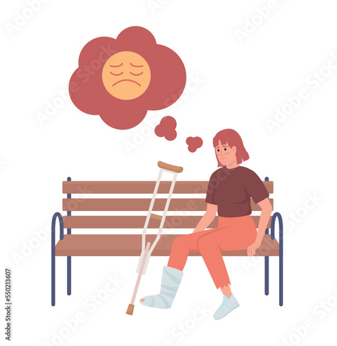 Woman with broken leg on bench semi flat color vector character. Editable figure. Full body person on white. Injury simple cartoon style illustration for web graphic design and animation