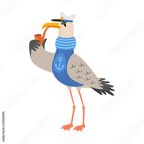 Seagull captain smoking a pipe cartoon illustration. Funny bird in hat flying with fish in its beak isolated on white background