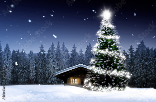 Leuchtender Weihnachtsbaum in einem verschneiten winterwald