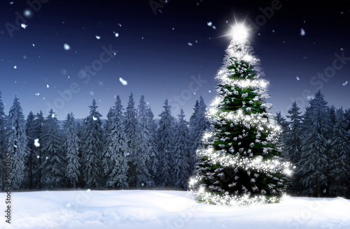 Leuchtender Weihnachtsbaum in einem verschneiten winterwald