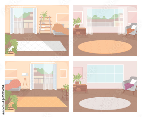 Carpet in hotel room decoration flat color vector illustrations set. Elegant furniture arrangement. Fully editable 2D simple cartoon interiors collection with apartments on background