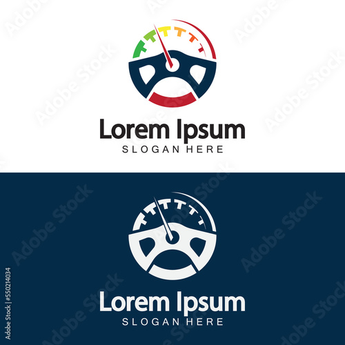 Steering Wheel and speedometer logo template. Driving school vector design.