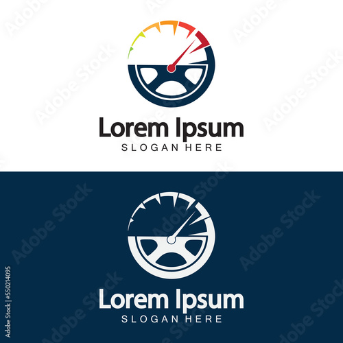 Steering Wheel and speedometer logo template. Driving school vector design.