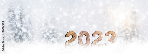 Canvas Print Jahreszahl 2023 aus Holz im Schnee